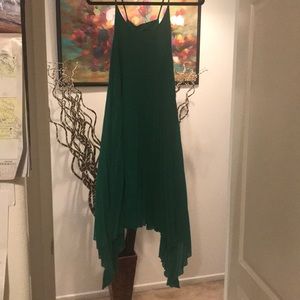 Pleaded olive green high low handkerchief dress